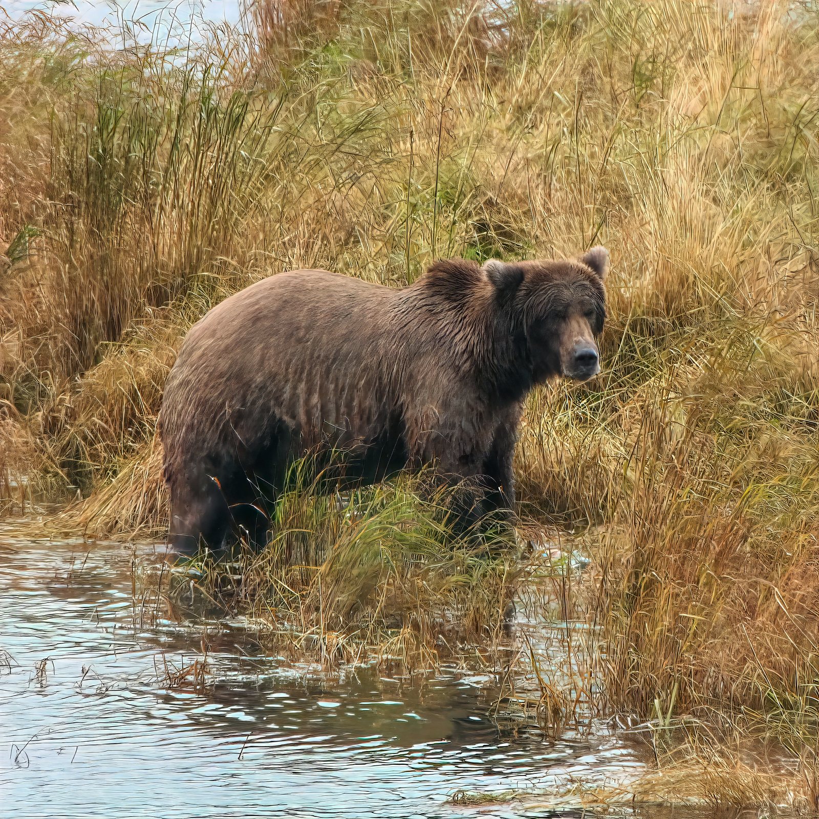 Brown bear wading through golden grass, Kenai Peninsula, Alaska