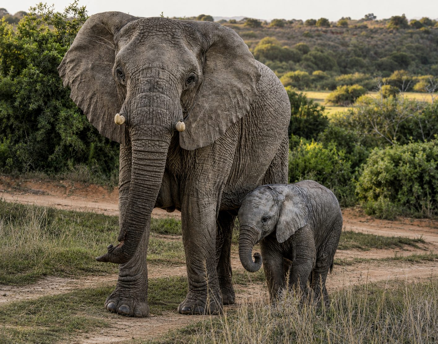 Elephant and calf, Shamwari, South Africa